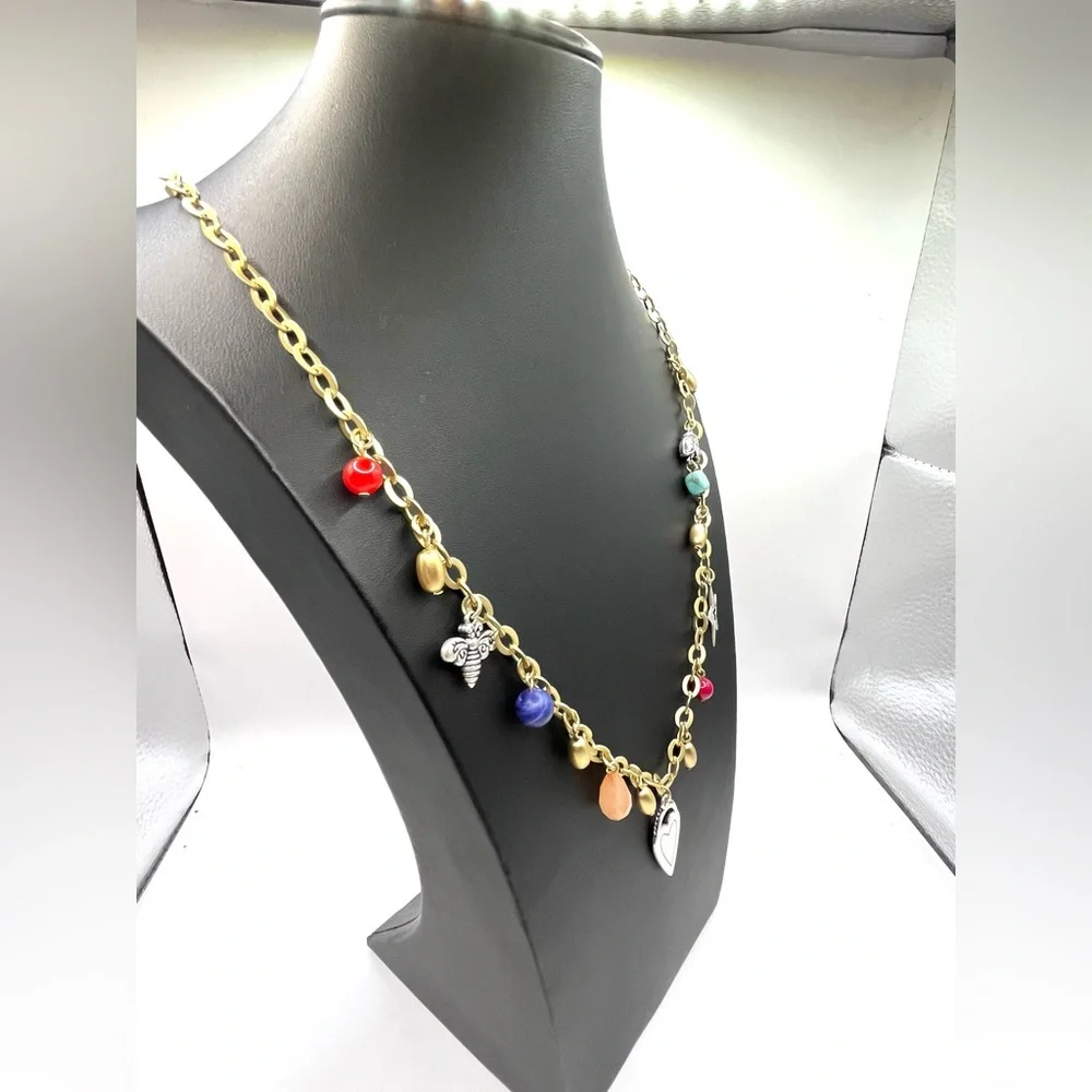 Charm Necklace Bee Heart Star Butterfly Gold Tone with Colorful Beads  Long